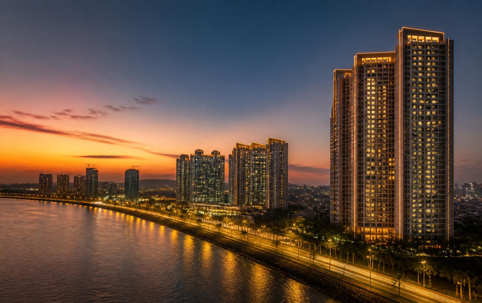Navi Mumbai waterfront skyline at dusk